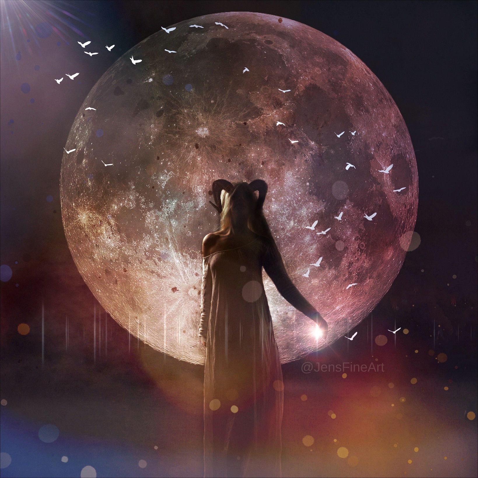 pleine lune en capricorne - femme avec des cornes de capricorne devant une image de lune pleine